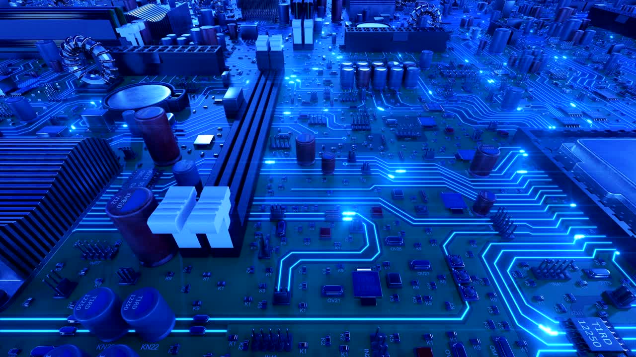 Flying Over the Motherboard With CPUs and Blue Signals. Looped 3d Animation of Circuit Board with Processors and Flares. Technology and Digital Concept.