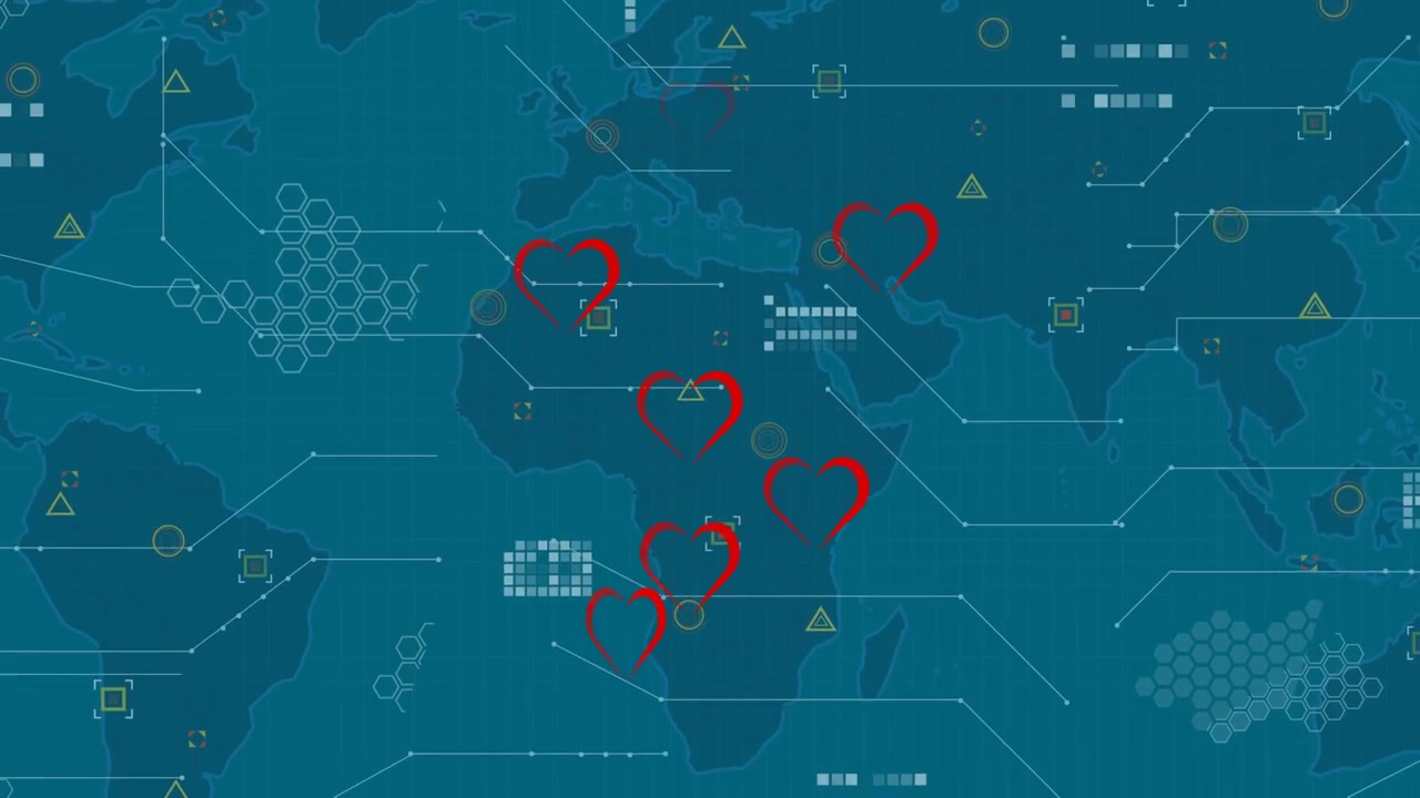 Animation of red hearts over world map on blue background