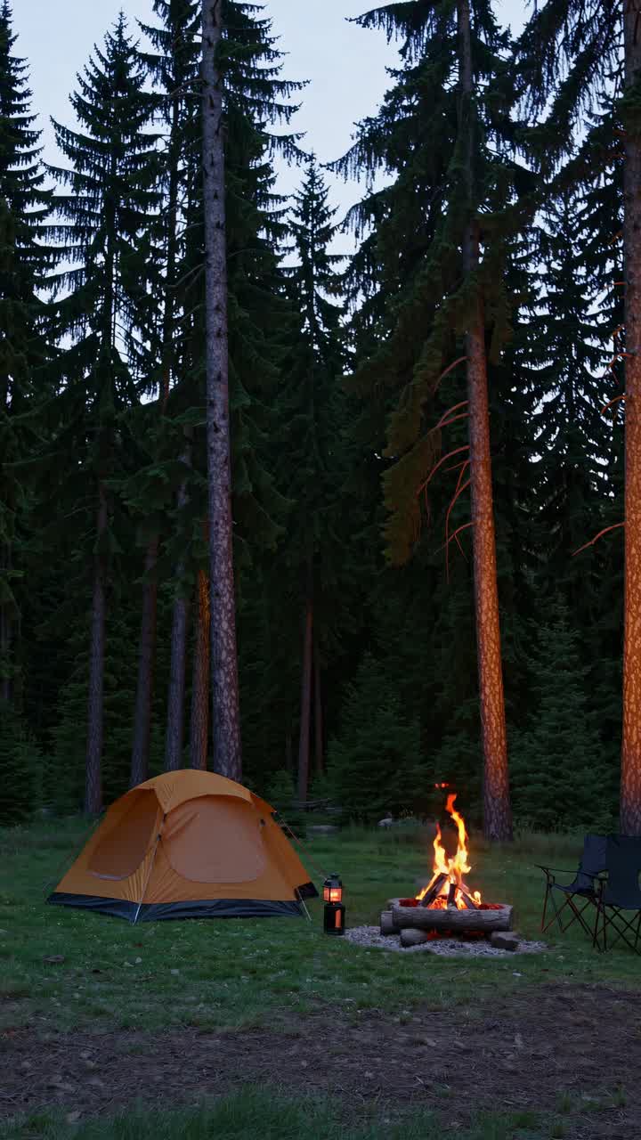 En fredfyldt campingscene med et telt og lejrbål i en skov. Optaget fra en lav engel, perfekt.