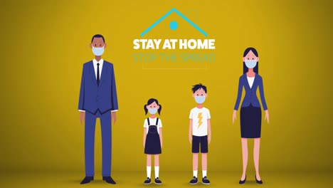 stay at home stop the spread over family wearing masks.