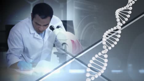 Animation-of-dna-strand-spinning-over-scientist-in-laboratory