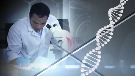 animación de la cadena de adn girando sobre el científico en el laboratorio
