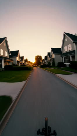 sunset bike ride through a suburban neighborhood