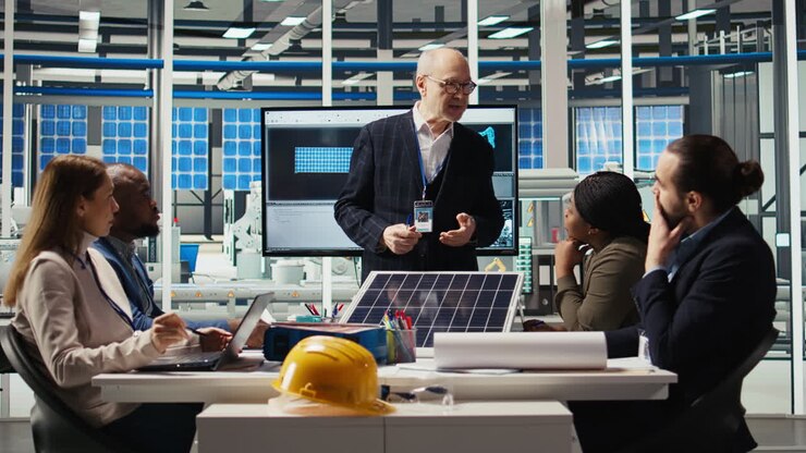 Businessmen In Photovoltaics Factory Doing Financial Investments