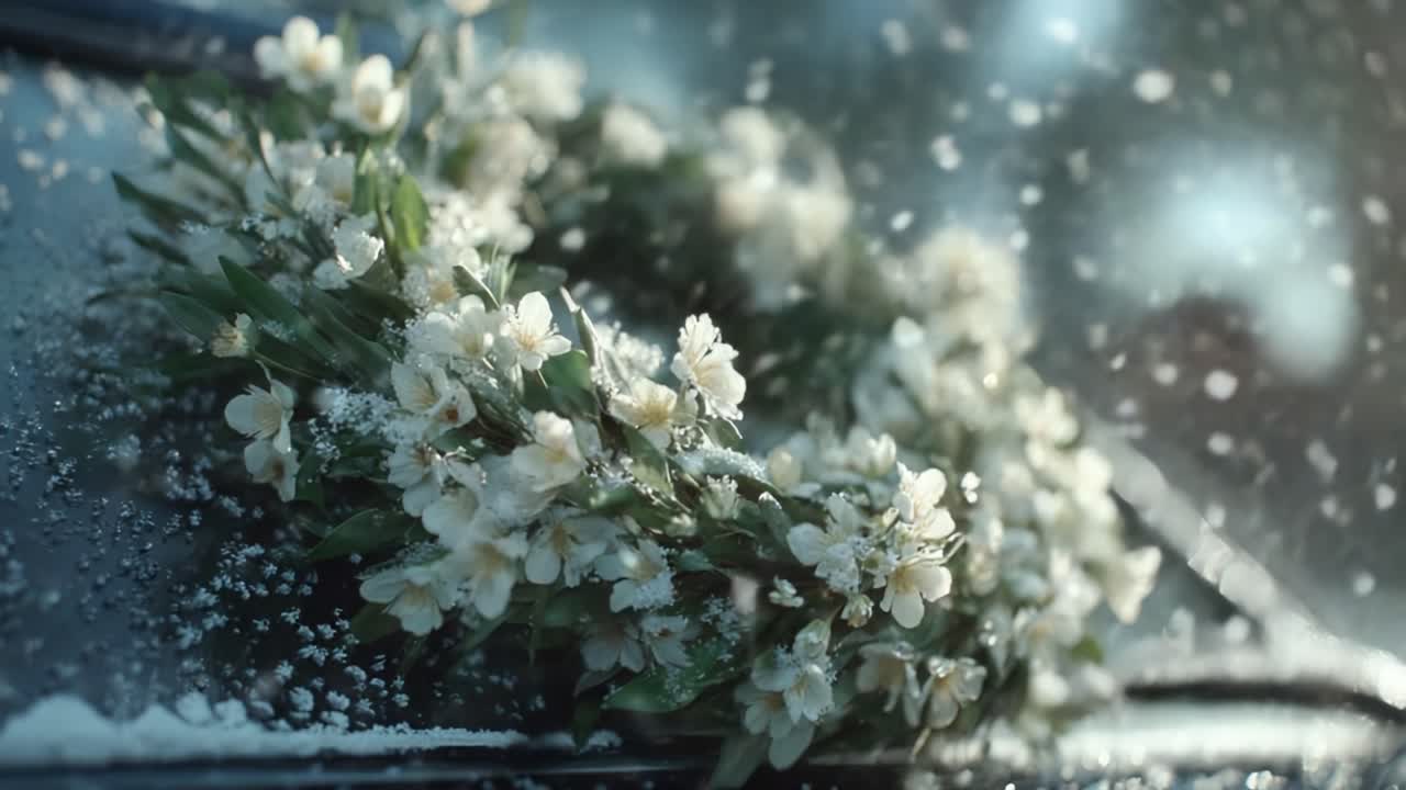 A Beautiful Floral Wreath Adorned on a Car Dashboard, Embraced by Delicate White Blossoms and Glimmering Snowflakes Reflecting a Tranquil Winter Scene