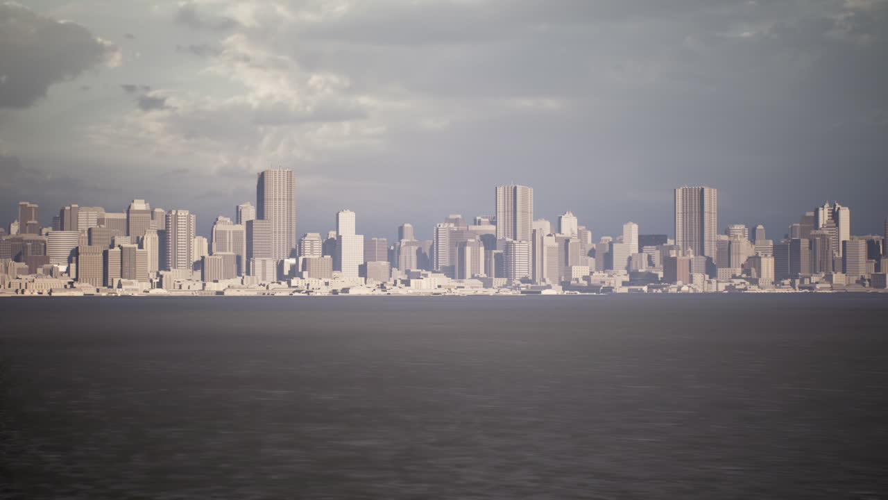 모던 아키텍처와 구름으로 물을 내려다보는 황혼의 도시 스카이 라인