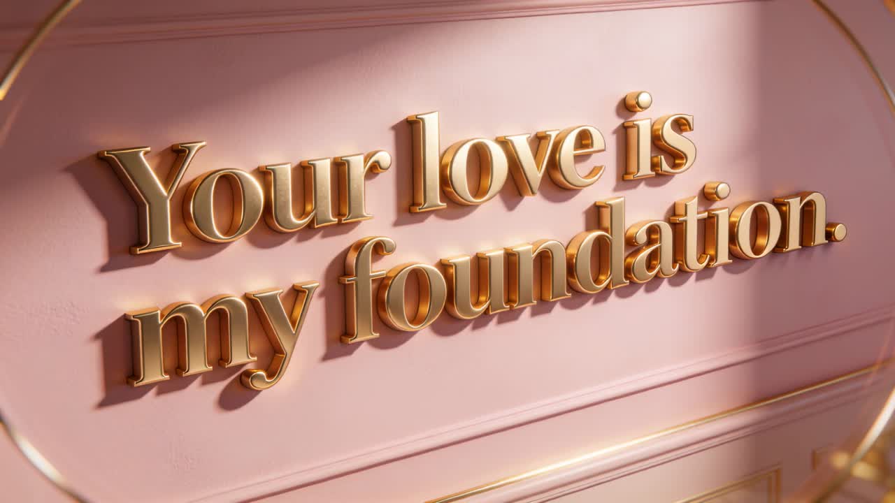 Shifting light crossing pink oval panel in studio, camera pushing, revealing raised gold lettering