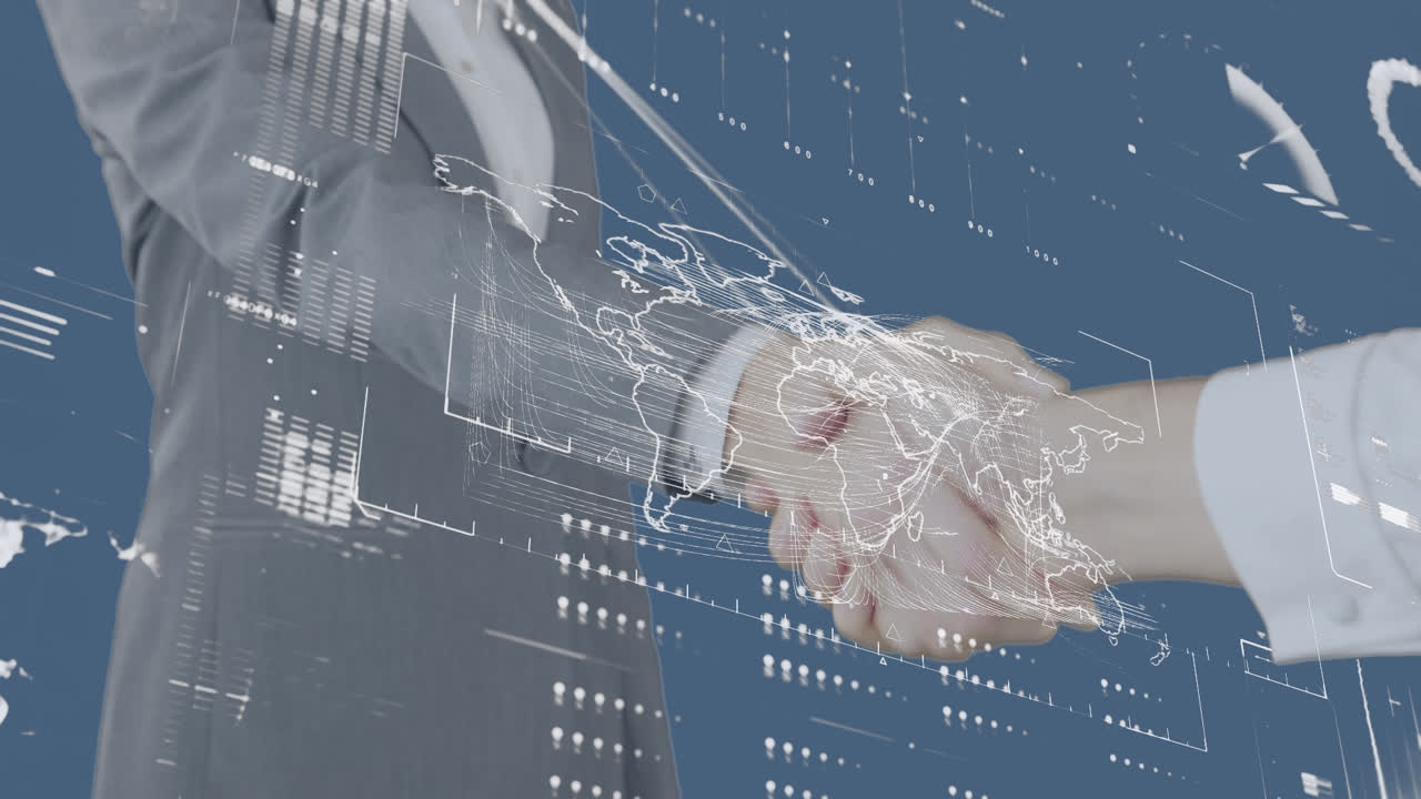 카우카스계 사업가들이 손을 흔들고 있는 금융 데이터 처리 애니메이션