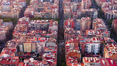 barcelona aerial view gothic quarter and modern quarters at sunset, spain