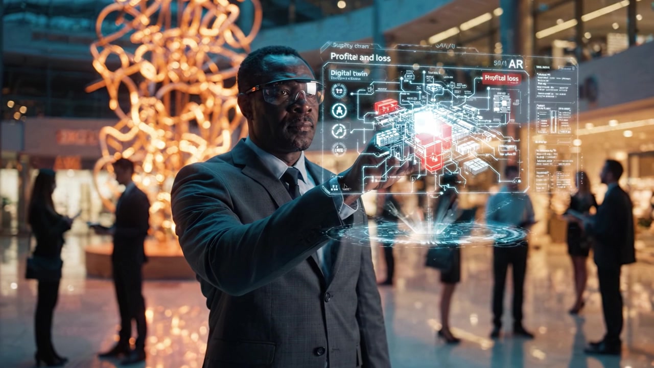 A professional man in a suit stands confidently in a modern environment, surrounded by holographic technology, demonstrating the future of innovation and progress.