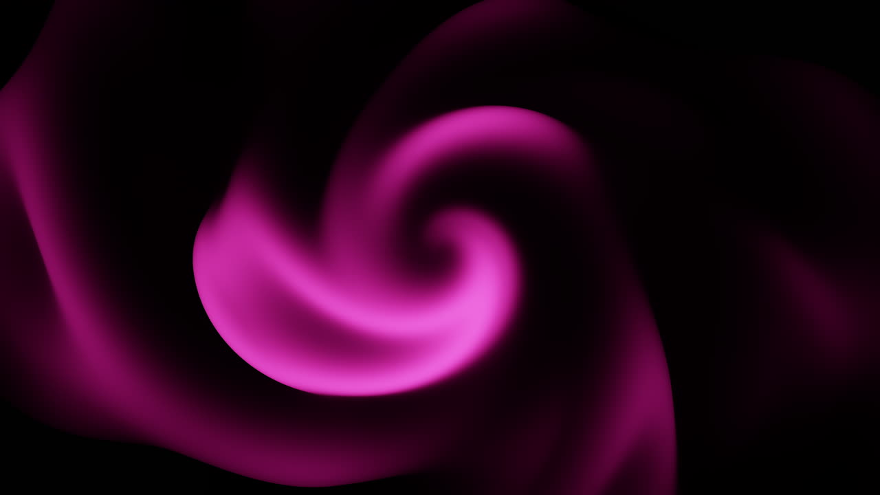 Abstrakt optagelse af en lilla neon spiralhvirvel, der flyder på en mørk sort baggrund med glatte gradienter og blød glød, ideel til moderne teknologi, musik og designbaggrunde
