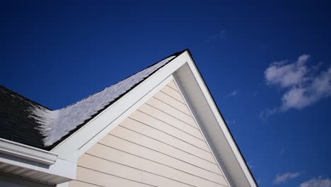 winter snow and ice melting off peak of house roof, hydrology snowmelt