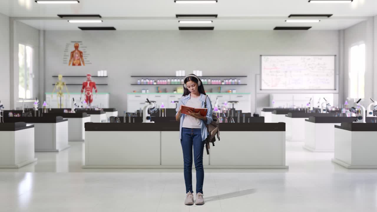 Full Body Of Asian Teen Girl Student With A Backpack Wearing Headphones And Taking Note On Notebook While Standing In Science Laboratory