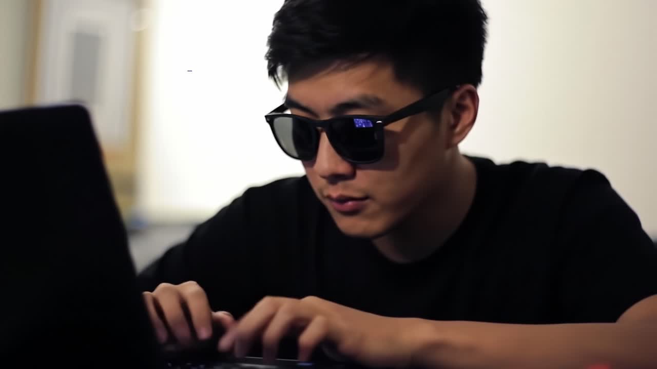 Focused Individual Engaged in Task on Laptop While Wearing Sunglasses: A Captivating Moment of Concentration and Productivity