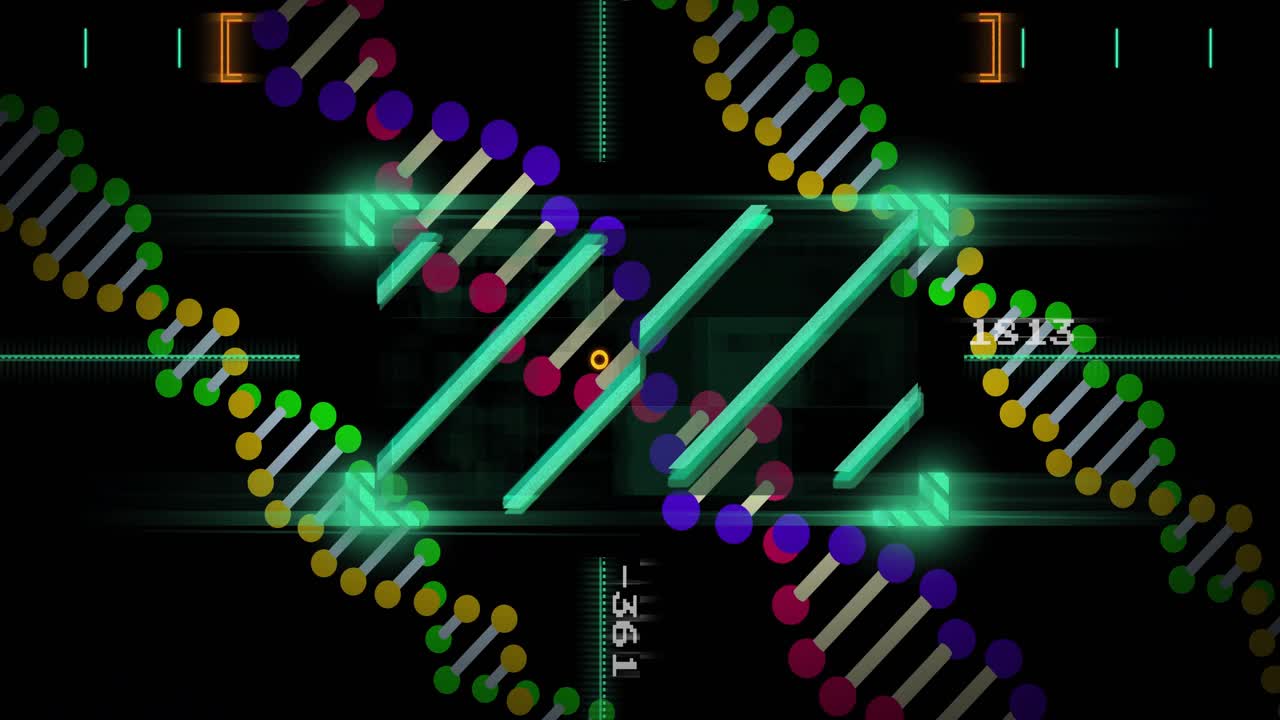 HUD DNA moving from scan sweep cyan bars sliding nodes rotating readouts updating showing loop data