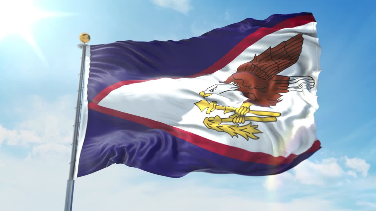 아메리칸 사모아의 발이 깊은 파란 하늘을 배경으로 바람에 흔들리고 있습니다.국가 테마, 국제 개념. 3d 렌더링 원활한 루프 4k