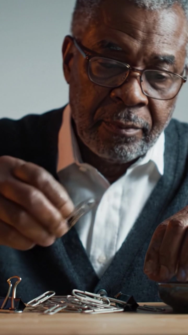 An elderly man carefully organizing various paper clips and small clips on a wooden table, showcasing focus and dexterity in his meticulous task.
