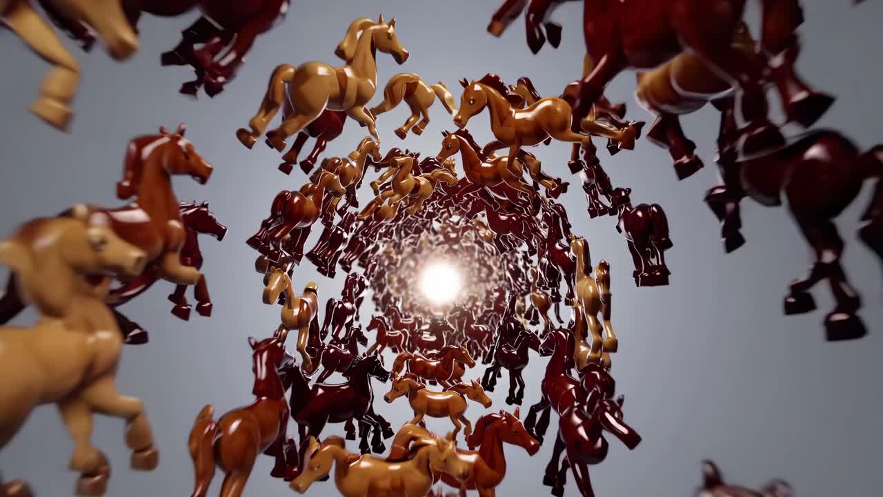 Wooden horses galloping in a swirling vortex, racing towards a bright light at the tunnel's end, create a dynamic and surreal scene filled with energy and movement