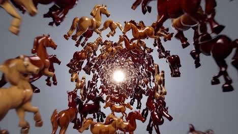 wooden horses galloping in a swirling vortex, racing towards a bright light at the tunnel's end, create a dynamic and surreal scene filled with energy and movement