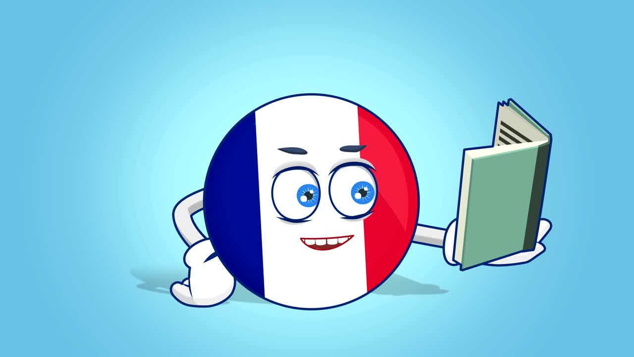 Icona cartone animato bandiera Francia legge libro con animazione facciale con maschera alfa