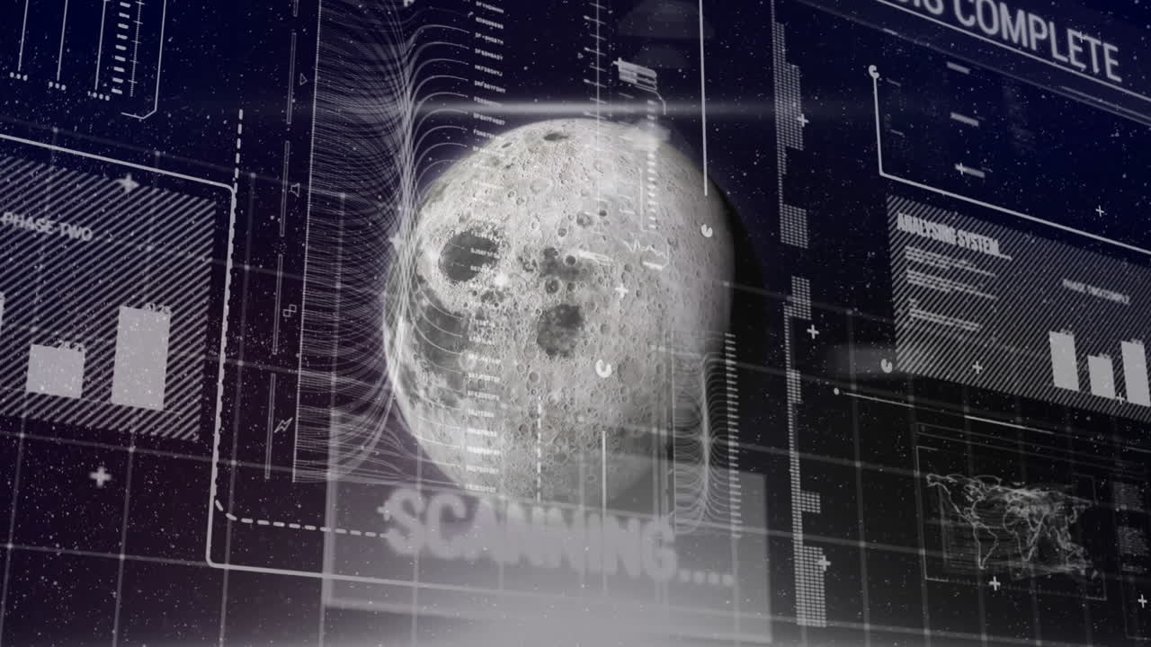 Holographic Moon model being displayed in virtual console, with clear data panels and waveforms