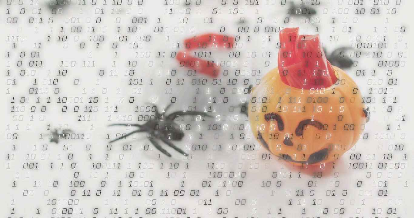 Binary code appearing and drifting over pumpkin and spider, flooding frame to show data intrusion