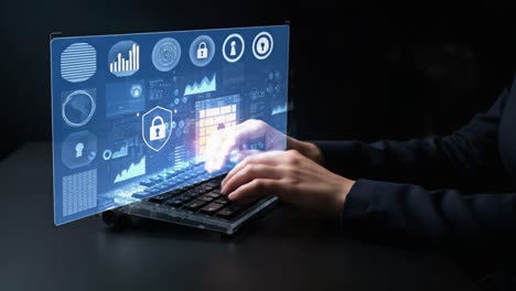 exploring cybersecurity: a professional engaged in digital protection through advanced technology and data visualization with focus on security measures