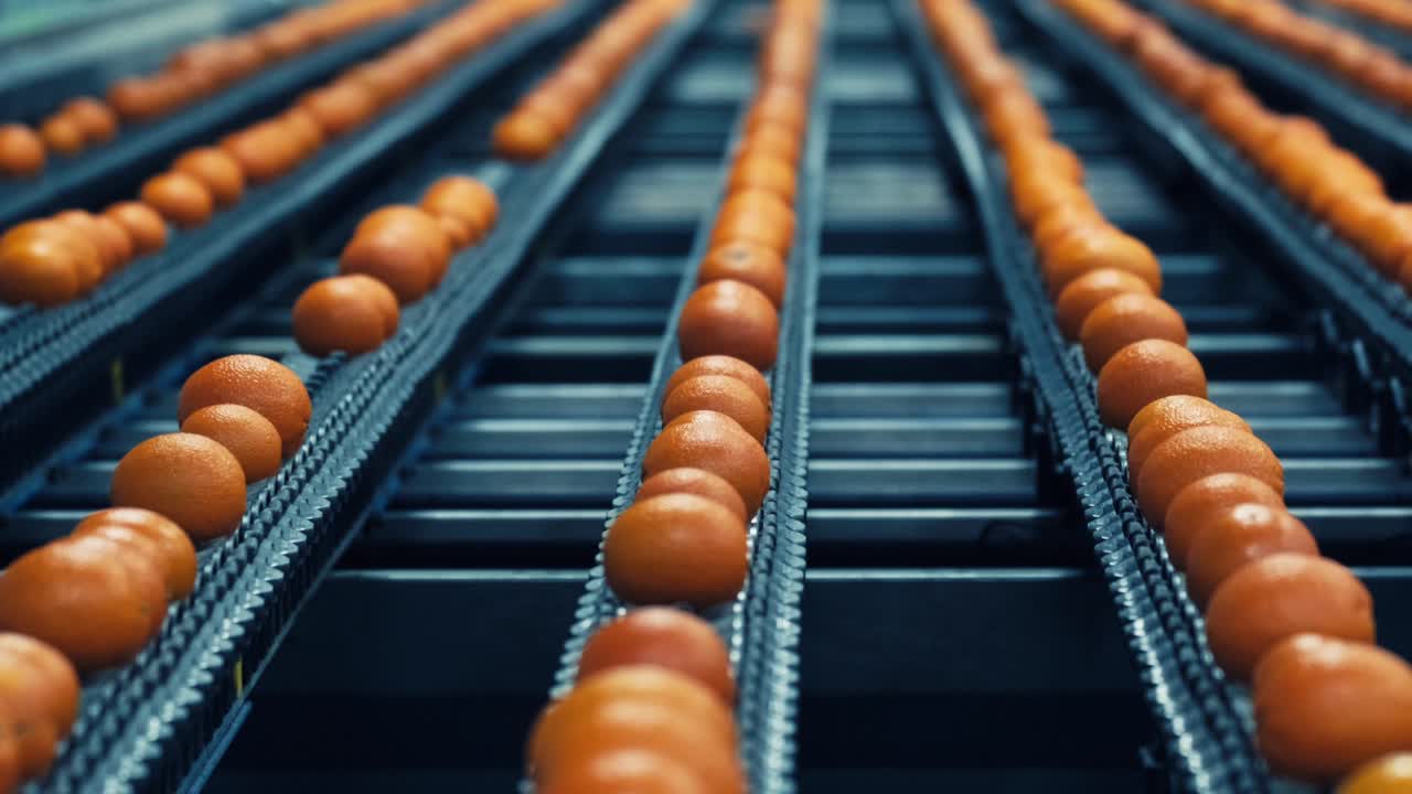 Industrielle Sortieranlage für Zitrusfrüchte in einer Verpackungsanlage.