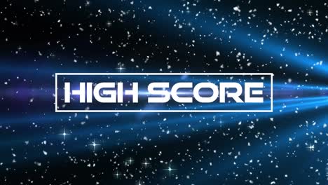 Animation-Von-Highscore-Text-über-Lichtern-Und-Sternen-Auf-Dunklem-Hintergrund