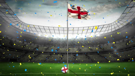 animation of confetti falling over england flag at sports stadium