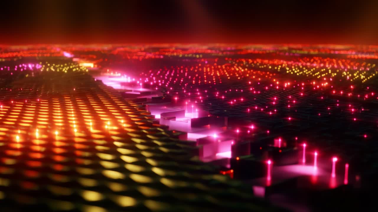 A Vibrant Abstract Representation of Digital Landscapes: Illuminated Patterns and Textures in a Matrix of Colorful Lights, Reflecting an Imaginative Interpretation of Futuristic Technology and Aesthetic Design