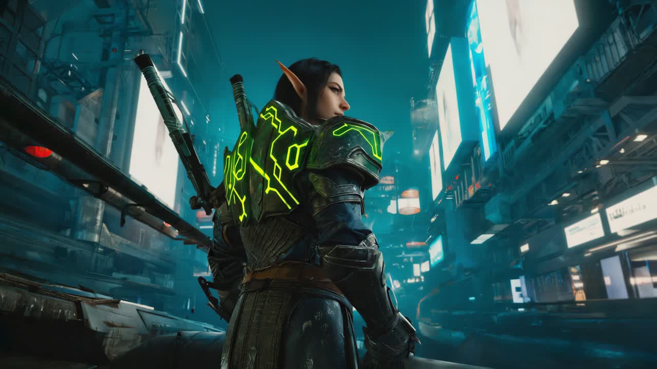 Cyberpunk Elf in Futuristic Cityscape