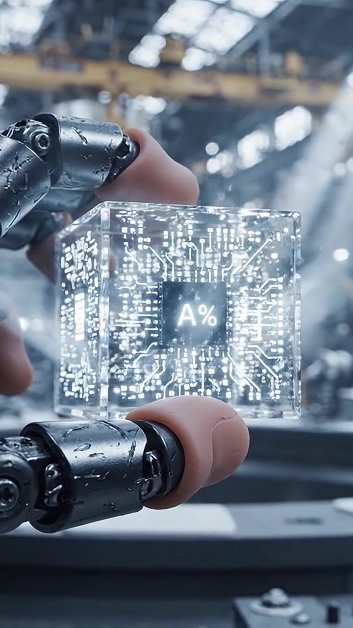 A robotic hand presents a transparent cube displaying intricate circuitry, symbolizing advanced technology in a modern industrial setting of engineering and innovation.