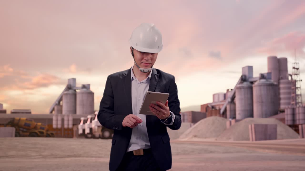Vista frontal de empresario asiático usando una tablet mientras camina en una planta de cemento industrial al atardecer