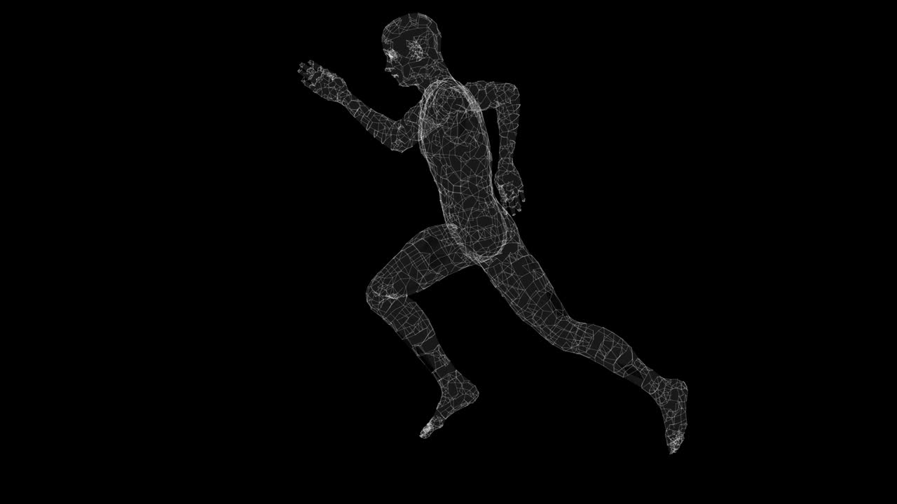 한 남자가 검은 바탕에서 달리고 있다.