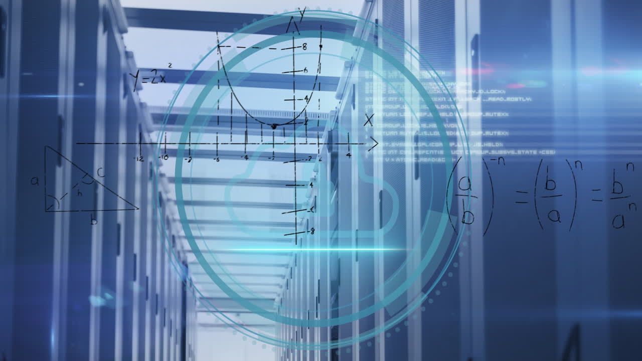 animación de texto de seguridad cibernética sobre escáner redondo y ecuaciones matemáticas contra la sala de servidores