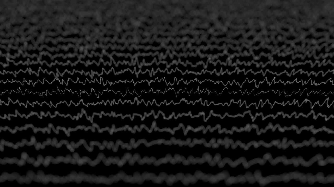 белые линии образуют искаженную визуализацию поля на черном фоне. абстрактная cg 3d анимация, боковой вид, глубина эффекта поля.