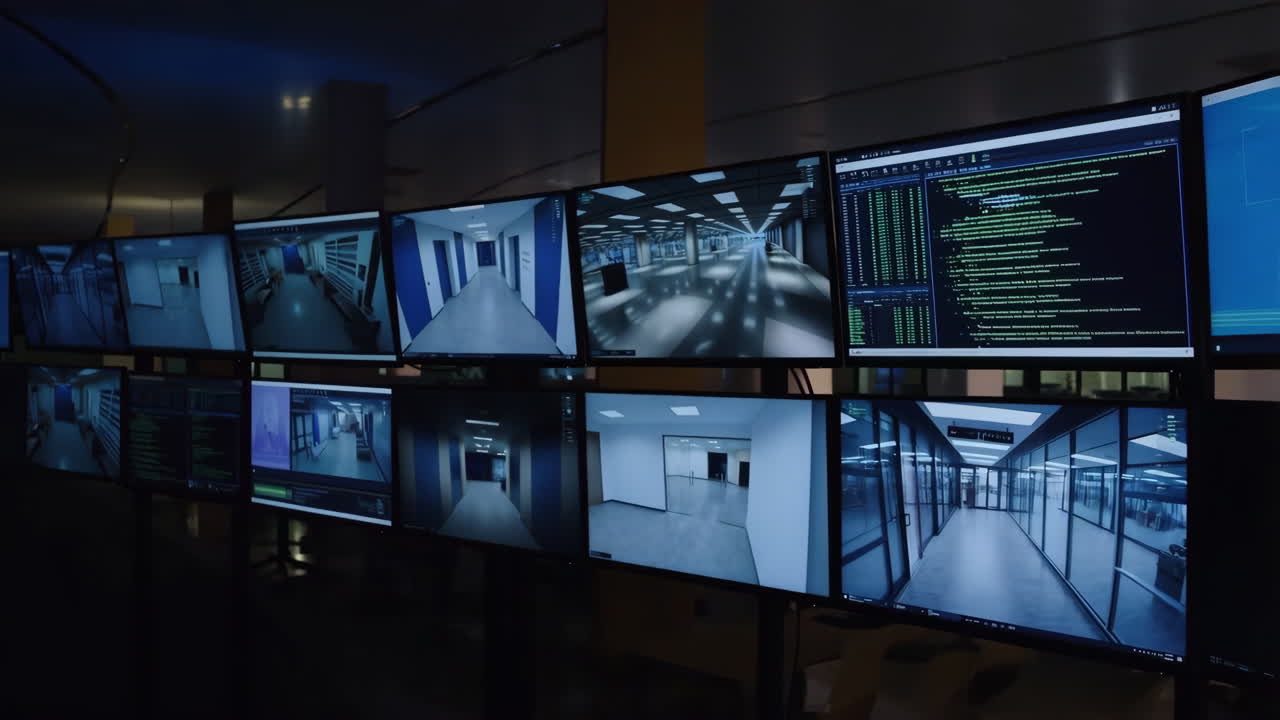 Multiple Monitors Displaying Surveillance Feeds and Data in a Control Room
