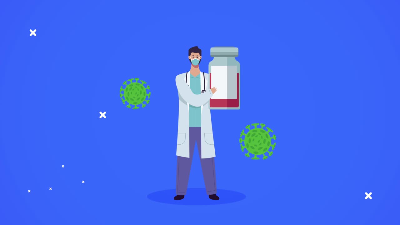 médico profesional con partículas de covid-19 y vial de vacuna