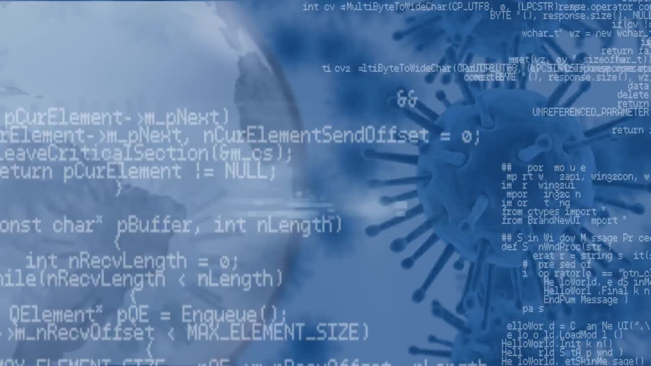 Data processing over spinning globe against Covid-19 cells moving