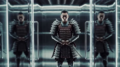 samurai in a futuristic elevator