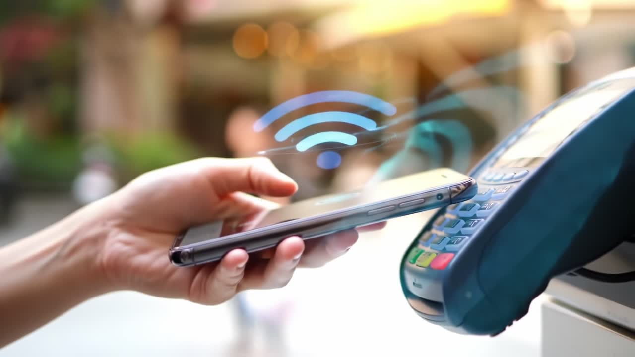 A person using a smartphone to make a contactless payment at a payment terminal, highlighting modern technologies in financial transactions and consumer convenience