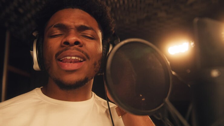 Vocalist in Headphones Sings Lyrical Composition Face Close up Shot of Male Vocalist in Headphones Singing Lyrical Composition into Microphone in Soundproof Room African American Singer Works in Sound Recording Studio Concept of Music Production