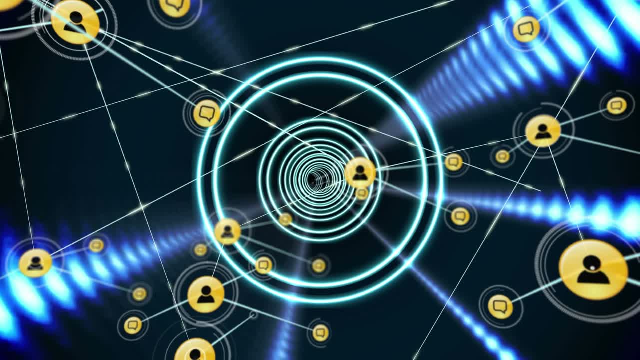 Composition of white lines with hexagons spinning with white lines and text