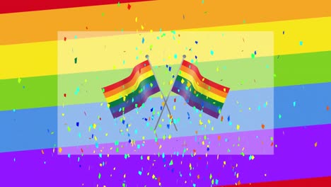 Animation-of-flags-and-confetti-over-rainbow-background