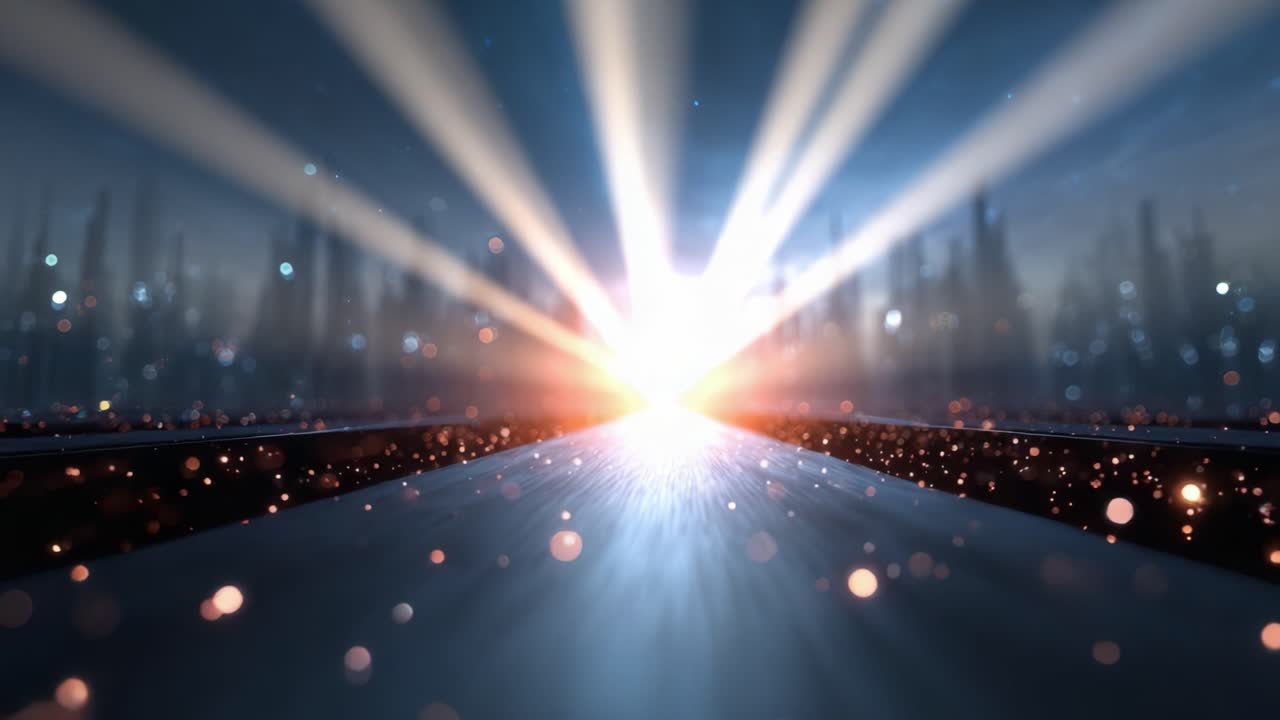 Una prospettiva mozzafiato di un orizzonte luminoso, che mostra fasci di luce vibranti che tagliano un'atmosfera nebbiosa, creando un incantevole viaggio visivo verso il futuro