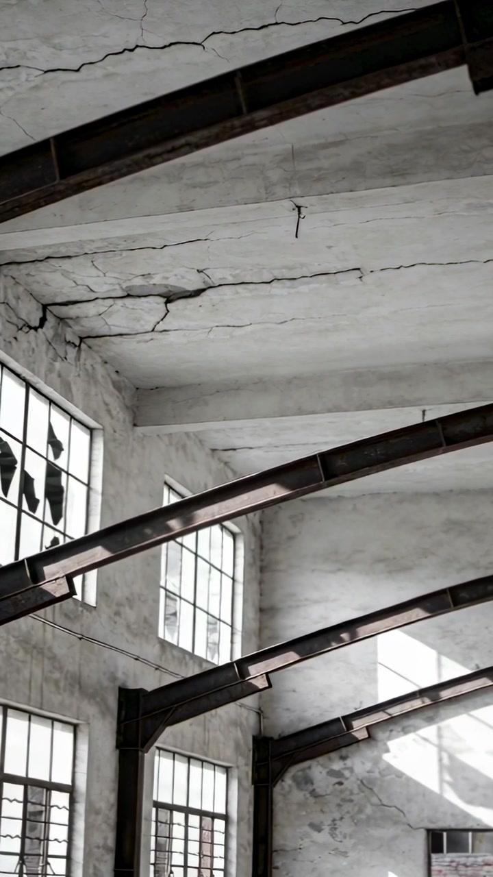 Video verticale: Telecamera che si inclina rivelando travi d'acciaio e un soffitto crepato in fabbrica, mostrando il degrado