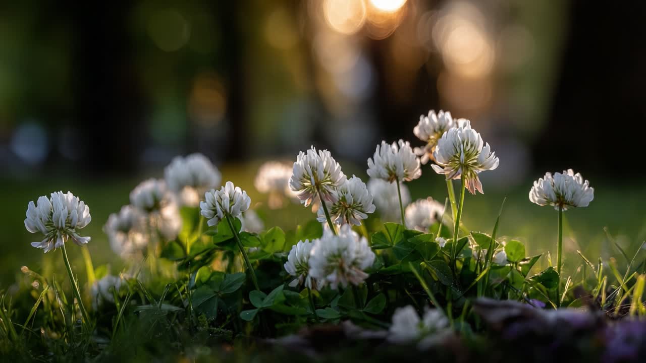 A serene display of white clover flowers blooming in soft sunlight, capturing the delicate beauty of nature in a tranquil outdoor setting with a gentle bokeh background
