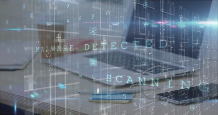 Animation of cyber attack warning and data processing over laptop