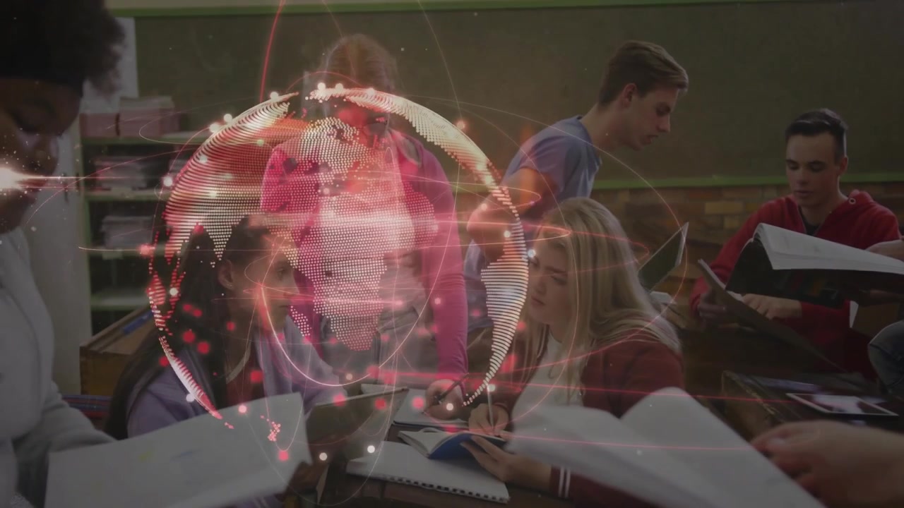 Diverse Students Studying in Classroom with Global Network Overlay